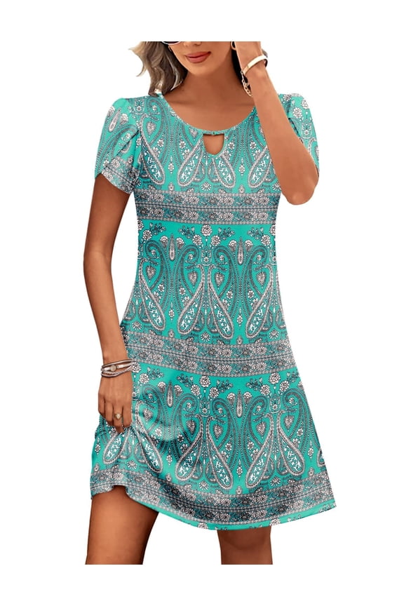 Women's Casual A-Line Dress with Pockets Summer Beach Floral Tshirt Dress Short Sleeve Dress Flowy Sundresses