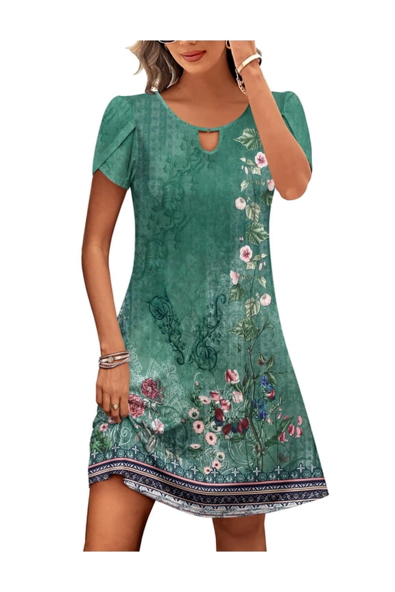 Women's Casual A-Line Dress with Pockets Summer Beach Floral Tshirt Dress Short Sleeve Dress Flowy Sundresses