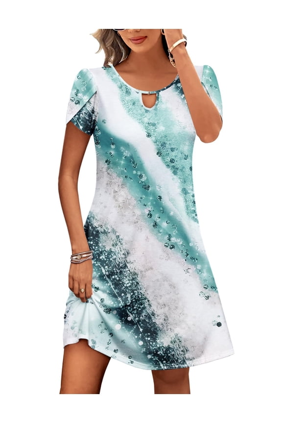 Women's Casual A-Line Dress with Pockets Summer Beach Floral Tshirt Dress Short Sleeve Dress Flowy Sundresses