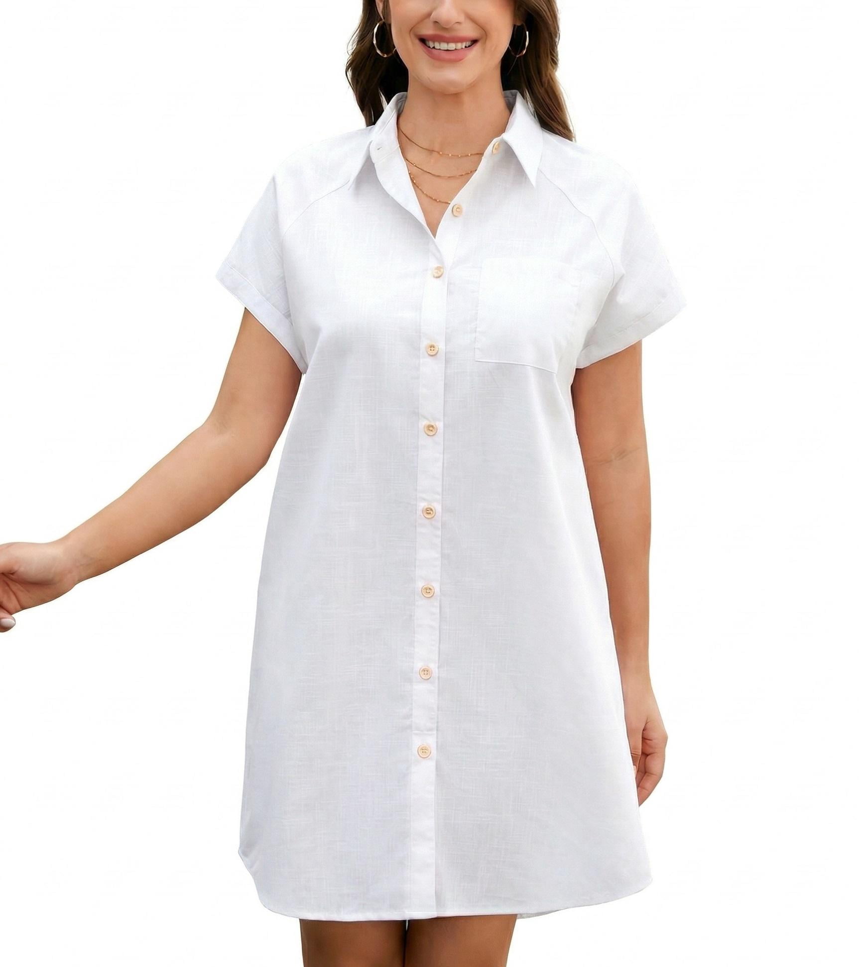 Zeagoo Cotton Linen Dress for Women Short Sleeve V-Neck Button Down ...
