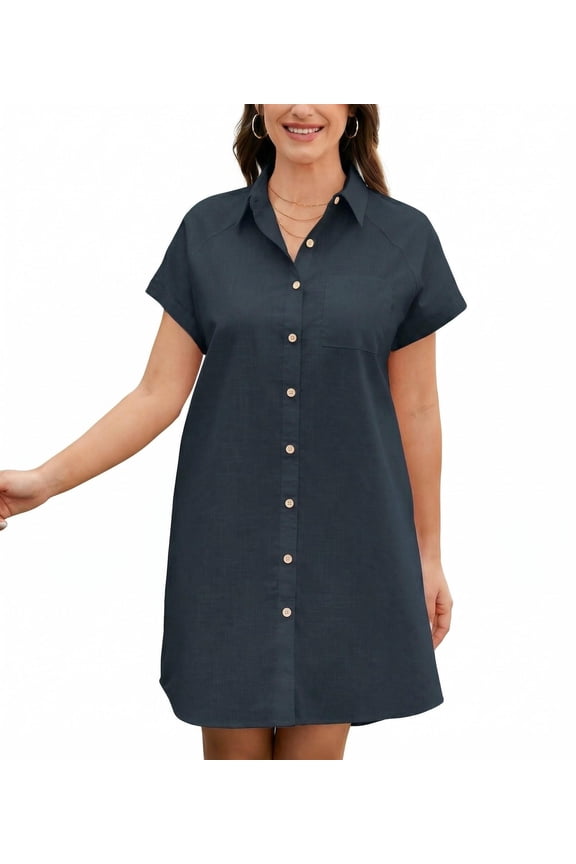 Cotton Linen Dress for Women Short Sleeve V-Neck Button Down Tunic Shift Dress Casual Breathable Comfy Summer Shirt Dress with Pocket for Beach Vacation and Everyday Wear