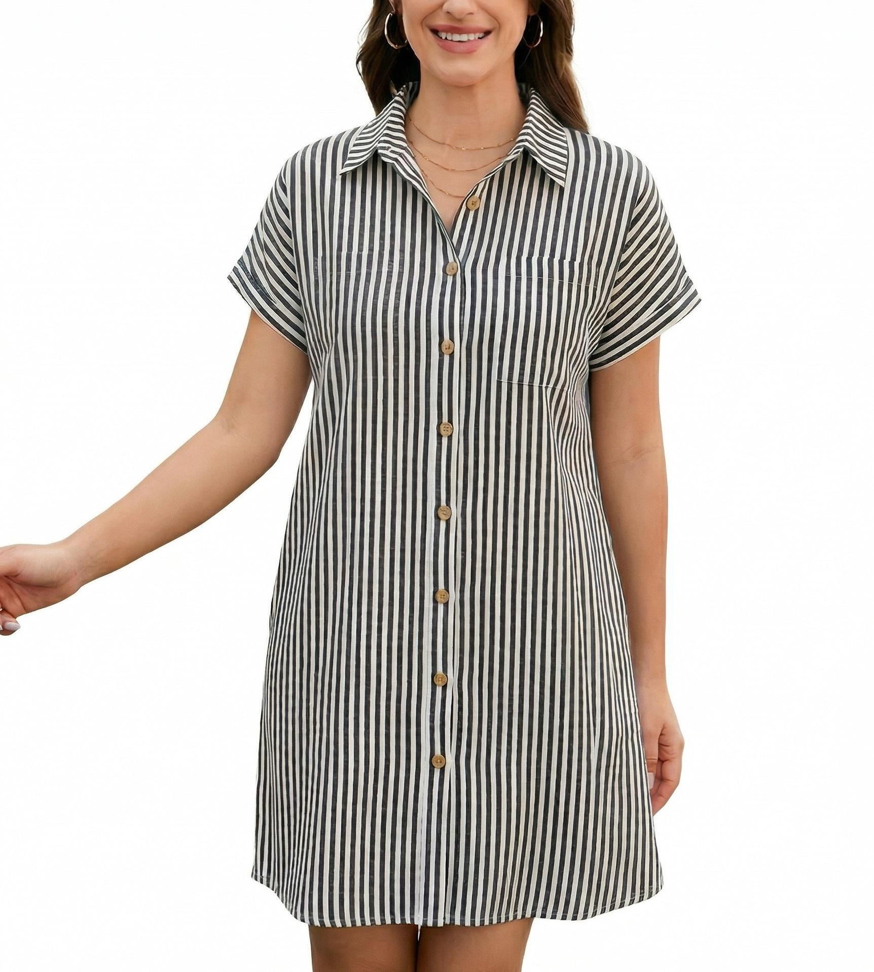 Zeagoo Cotton Linen Dress for Women Short Sleeve V-Neck Button Down ...
