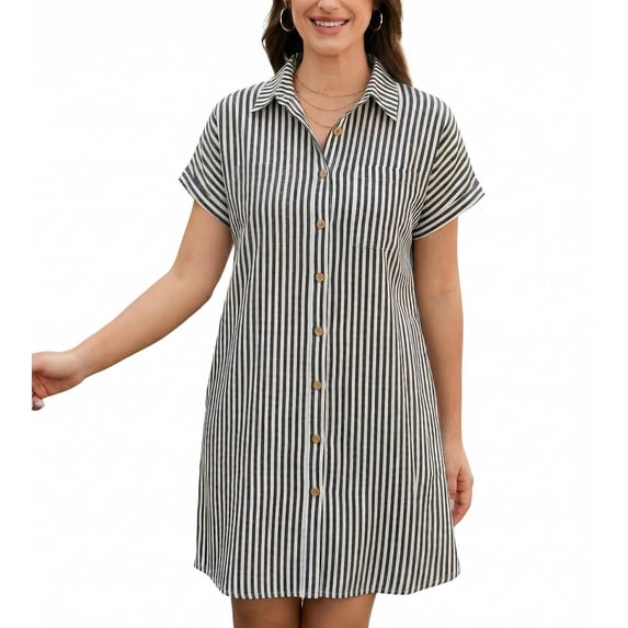 Zeagoo Cotton Linen Dress for Women Short Sleeve V-Neck Button Down Tunic Shift Dress Casual Breathable Comfy Summer Shirt Dress with Pocket for Beach Vacation and Everyday Wear