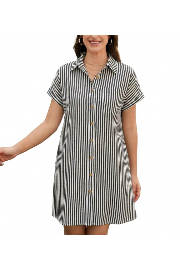 Cotton Linen Dress for Women Short Sleeve V-Neck Button Down Tunic Shift Dress Casual Breathable Comfy Summer Shirt Dress with Pocket for Beach Vacation and Everyday Wear