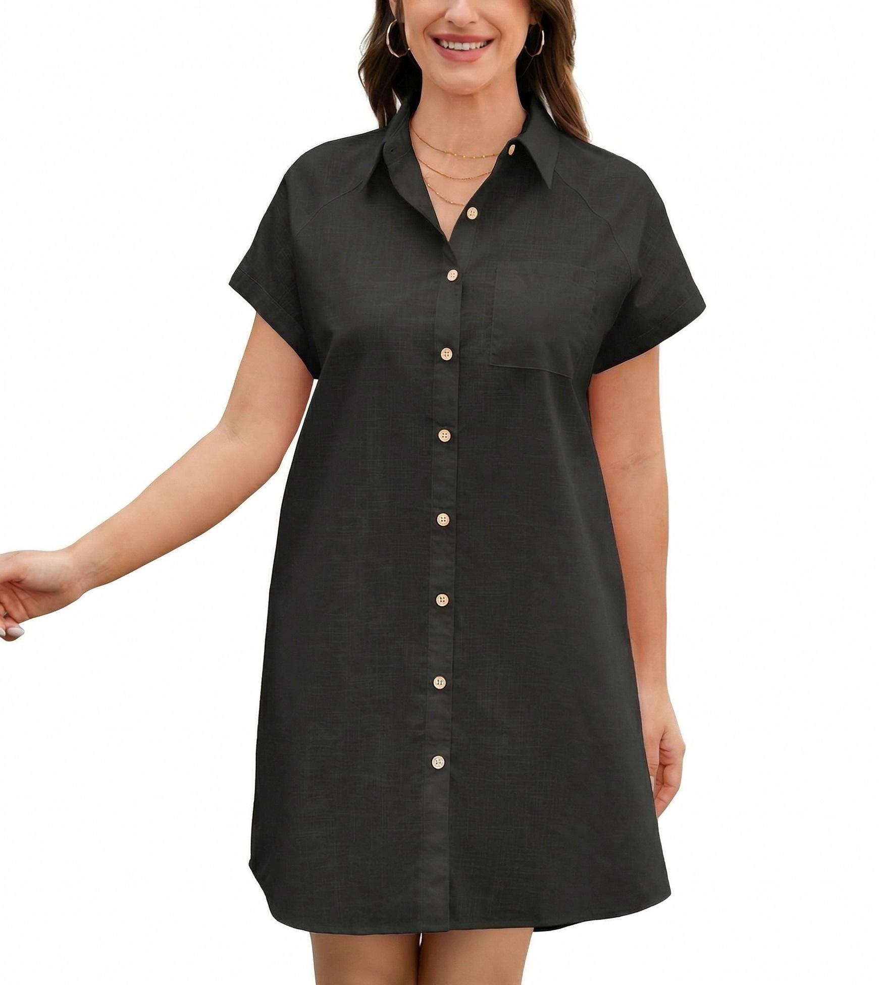 Zeagoo Cotton Linen Dress for Women Short Sleeve V-Neck Button Down ...