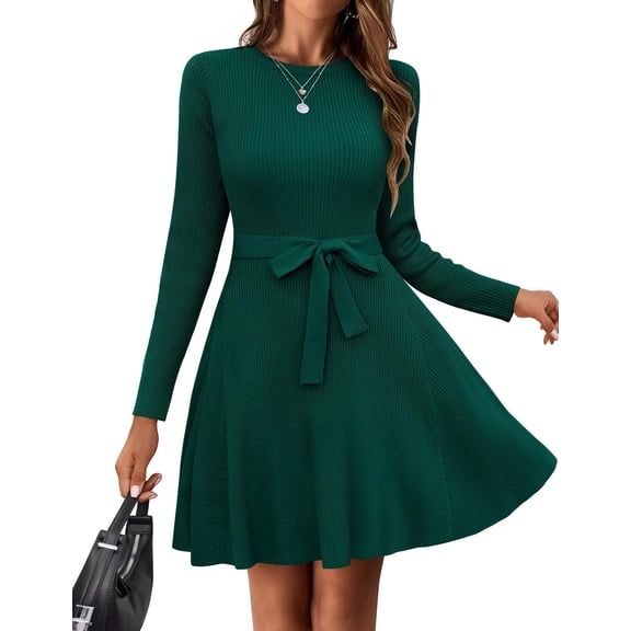 Zeagoo Women's Crewneck Long Sleeve Fall Casual Dress Tie Waist A-Line Swing Dress Ribbed Knit Sweater Dress