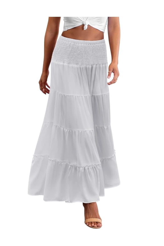 Women's Elastic High Waist A Line Layer Ruffle Swing Casual Long Maxi Skirt