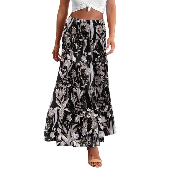 Zeagoo Women's Elastic High Waist A Line Layer Ruffle Swing Casual Long Maxi Skirt