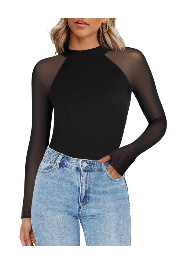 Women's Going Out Top Long Sleeve Sheer Mesh Shirts Fitted Mock Neck Trendy Blouses
