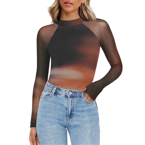 Zeagoo Women's Going Out Top Long Sleeve Sheer Mesh Shirts Fitted Mock Neck Trendy Blouses