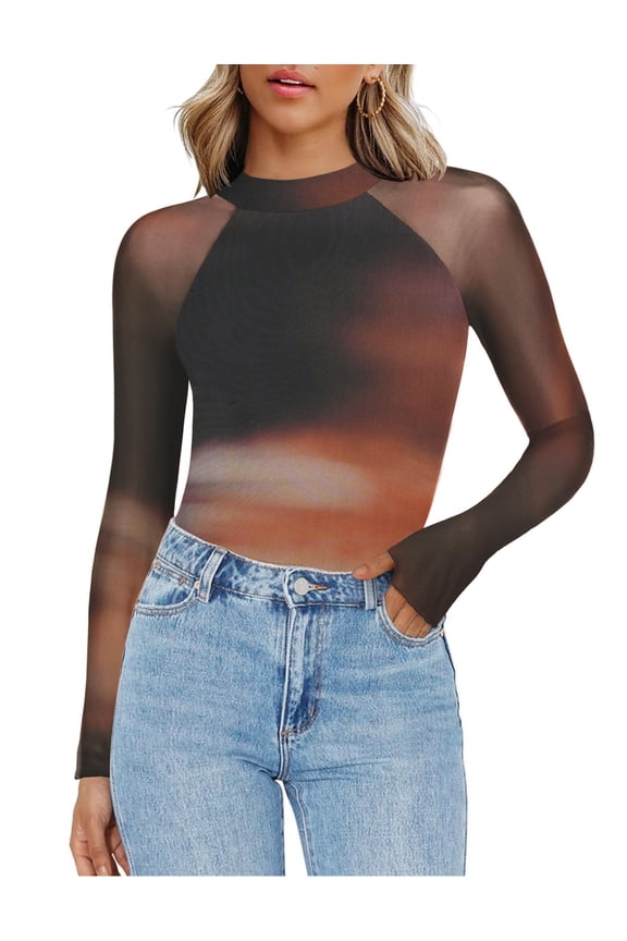 Women's Going Out Top Long Sleeve Sheer Mesh Shirts Fitted Mock Neck Trendy Blouses