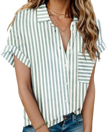 Zeagoo Women's Linen Blouse Short Sleeve Button Down Shirts 100% Cotton ...