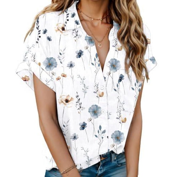 Zeagoo Women's Linen Blouse Short Sleeve Button Down Shirts 100% Cotton Collared Summer Short Sleeve Blouses Tops