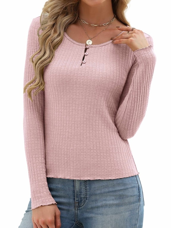 Women's Long Sleeve Henley T-Shirt Button Ribbed Knit Slim Fit Casual Basic Top Spring Fall Clothes