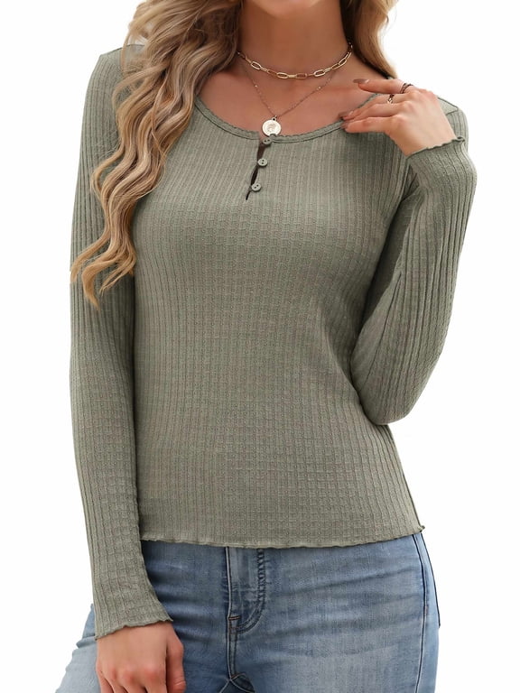 Women's Long Sleeve Henley T-Shirt Button Ribbed Knit Slim Fit Casual Basic Top Spring Fall Clothes