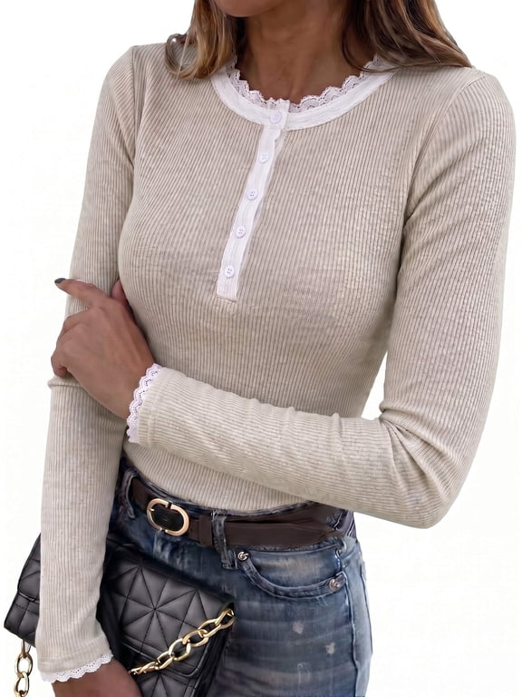 Women's Long Sleeve Henley Top Lace Trim Ribbed Knit Cute Blouse Slim Fit Spring Fall T-Shirts