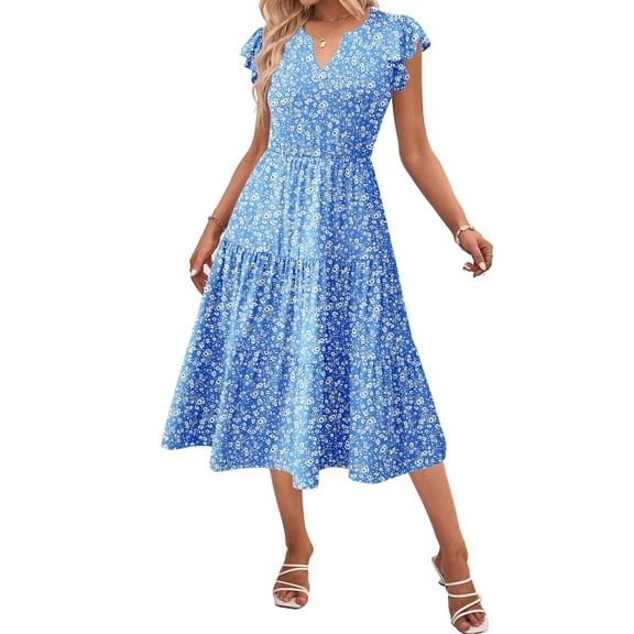 Zeagoo Women's Midi Dress Casual Summer Dresses V Neck Tiered Swing Dress with Pockets Womens Short Sleeve Sundress Loose Travel Dresses