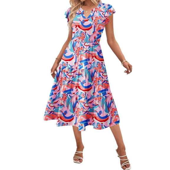 Zeagoo Women's Midi Dress Casual Summer Dresses V Neck Tiered Swing Dress with Pockets Womens Short Sleeve Sundress Loose Travel Dresses