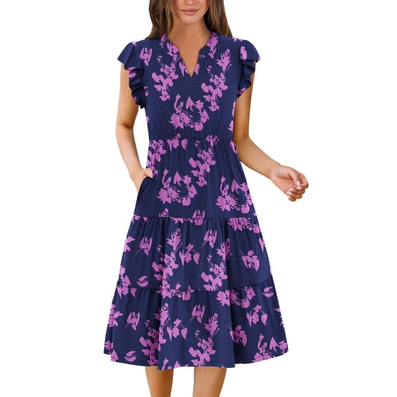 Zeagoo Women's Midi Dress Casual Summer Dresses V Neck Tiered Swing Dress with Pockets Womens Short Sleeve Sundress Loose Travel Dresses