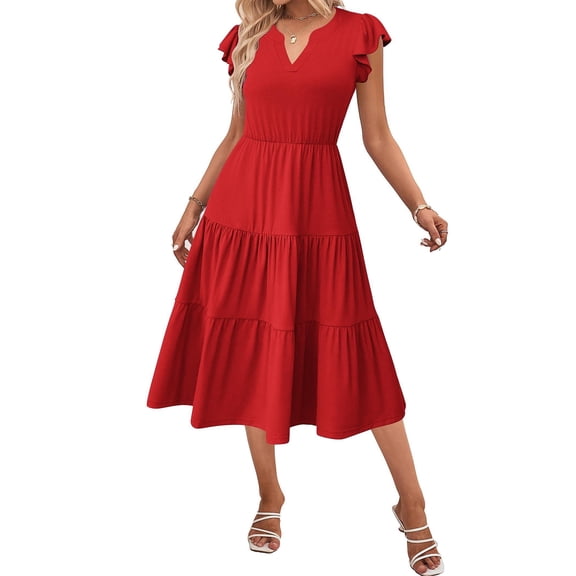 Zeagoo Women's Midi Dress Casual Summer Dresses V Neck Tiered Swing Dress with Pockets Womens Short Sleeve Sundress Loose Travel Dresses