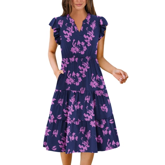 Zeagoo Women's Midi Dress Casual Summer Dresses V Neck Tiered Swing Dress with Pockets Womens Short Sleeve Sundress Loose Travel Dresses