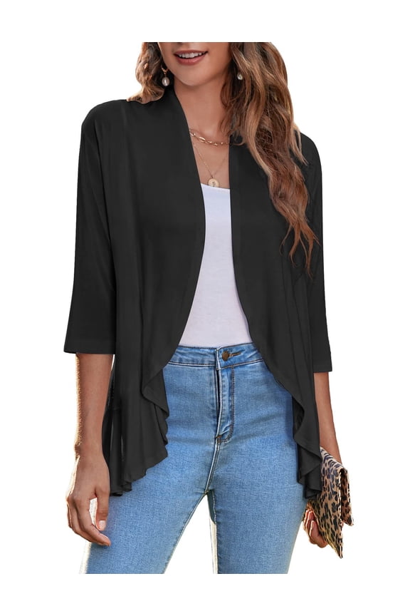 Women's Open Front 3/4 Sleeve Draped Ruffles Knit Cardigan
