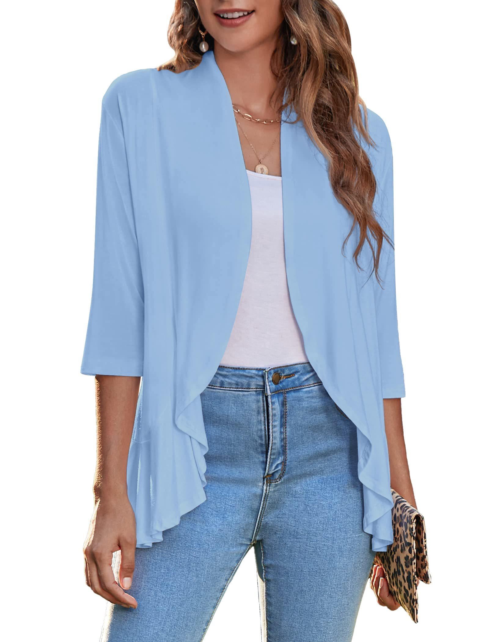 Draped Ruffles Zeagoo Women's Open Front 3/4 Sleeve Draped Ruffles Knit Cardigan ...