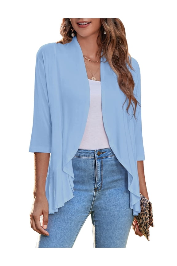 Women's Open Front 3/4 Sleeve Draped Ruffles Knit Cardigan