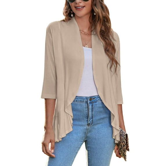 Zeagoo Women's Open Front 3/4 Sleeve Draped Ruffles Knit Cardigan