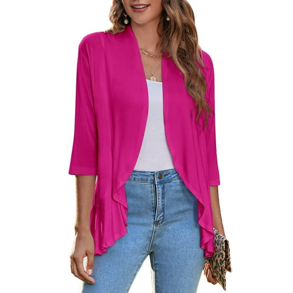 Zeagoo Women's Open Front 3/4 Sleeve Draped Ruffles Knit Cardigan