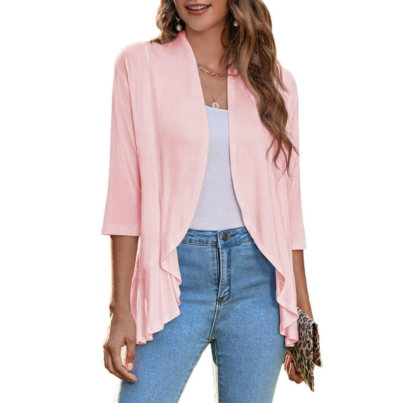 Zeagoo Women's Open Front 3/4 Sleeve Draped Ruffles Knit Cardigan