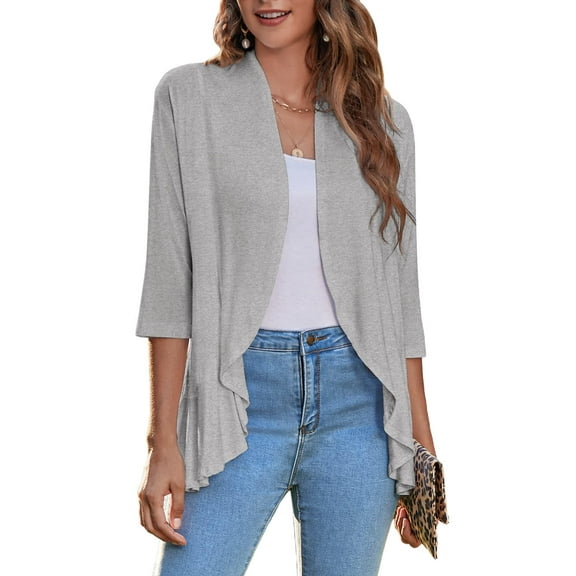Zeagoo Women's Open Front 3/4 Sleeve Draped Ruffles Knit Cardigan