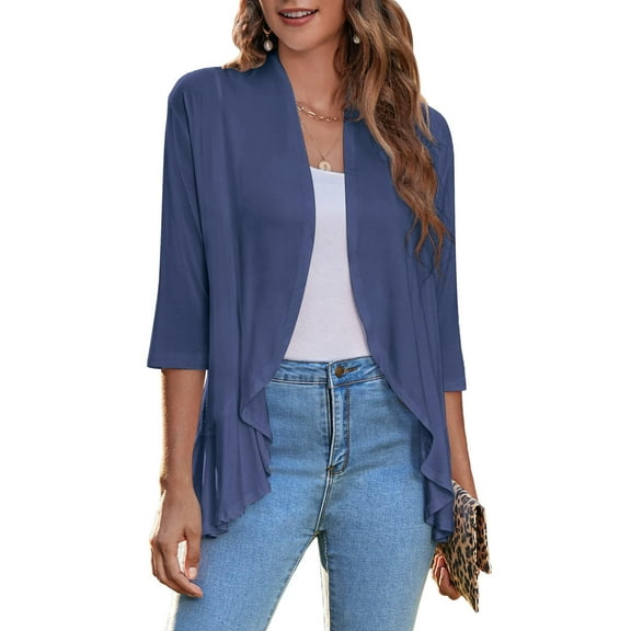 Zeagoo Women's Open Front 3/4 Sleeve Draped Ruffles Knit Cardigan