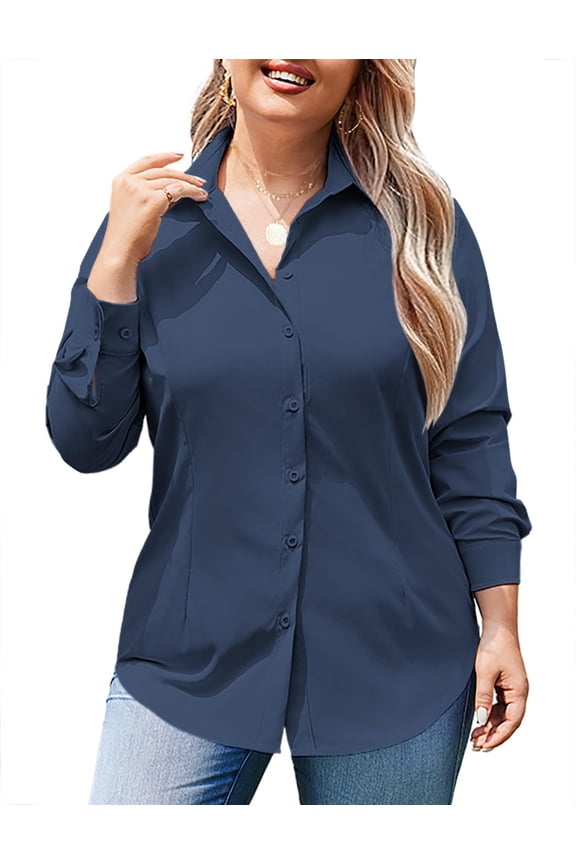 Women's Plus Size Button Down Shirts Long Sleeve Collared Casual Shirt Office Work Blouse Tops