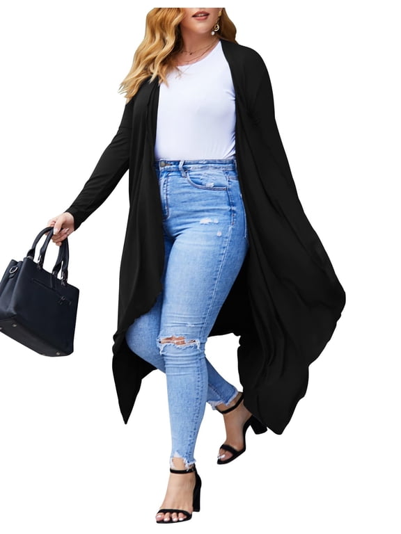 Women's Plus Size Cardigan Long Sleeve Duster Open Front Drape Lightweight Long Cardigans