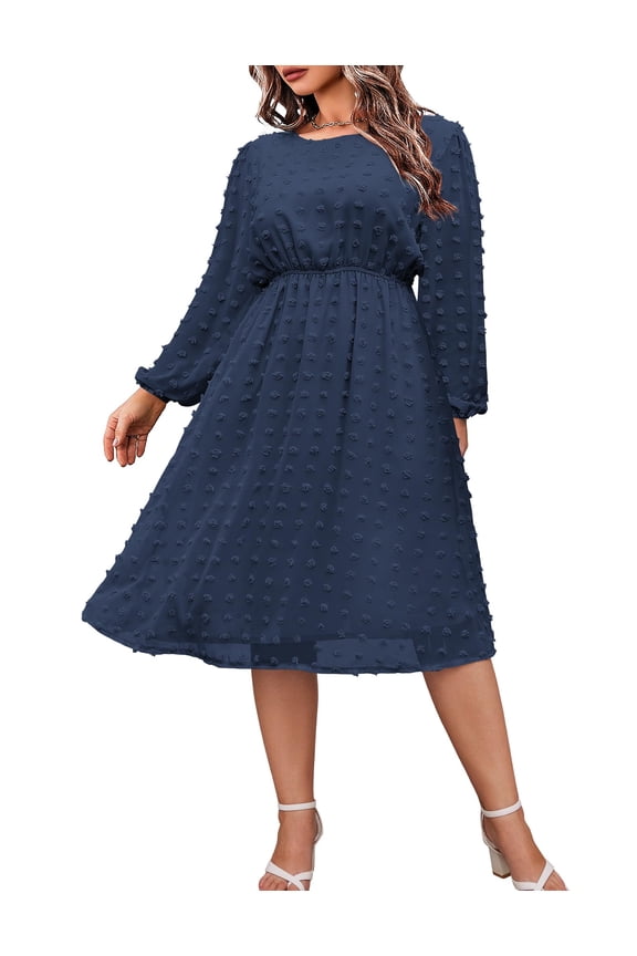 Women's Plus Size Swiss Dot Long Sleeve Chiffon Dresses Flowy High Waist A Line Ruffle Babydoll Midi Dress