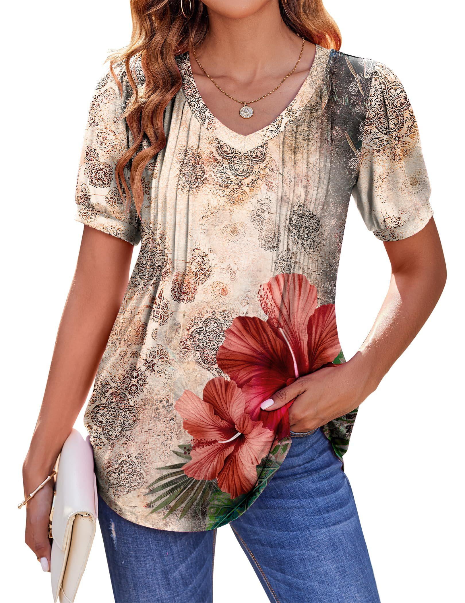 Zeagoo Women's Puff Short Sleeve Tunic Pleated Floral Print Blouses ...