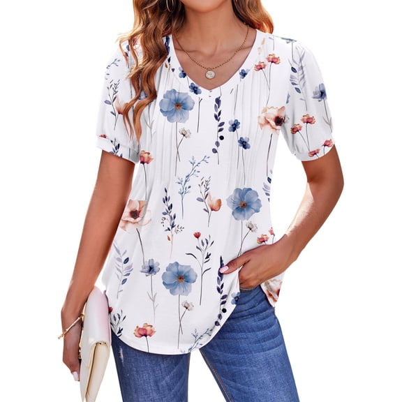 Zeagoo Women's Puff Short Sleeve Tunic Tops Pleated Floral Print V Neck Blouses Dressy Casual Loose Summer T-Shirts