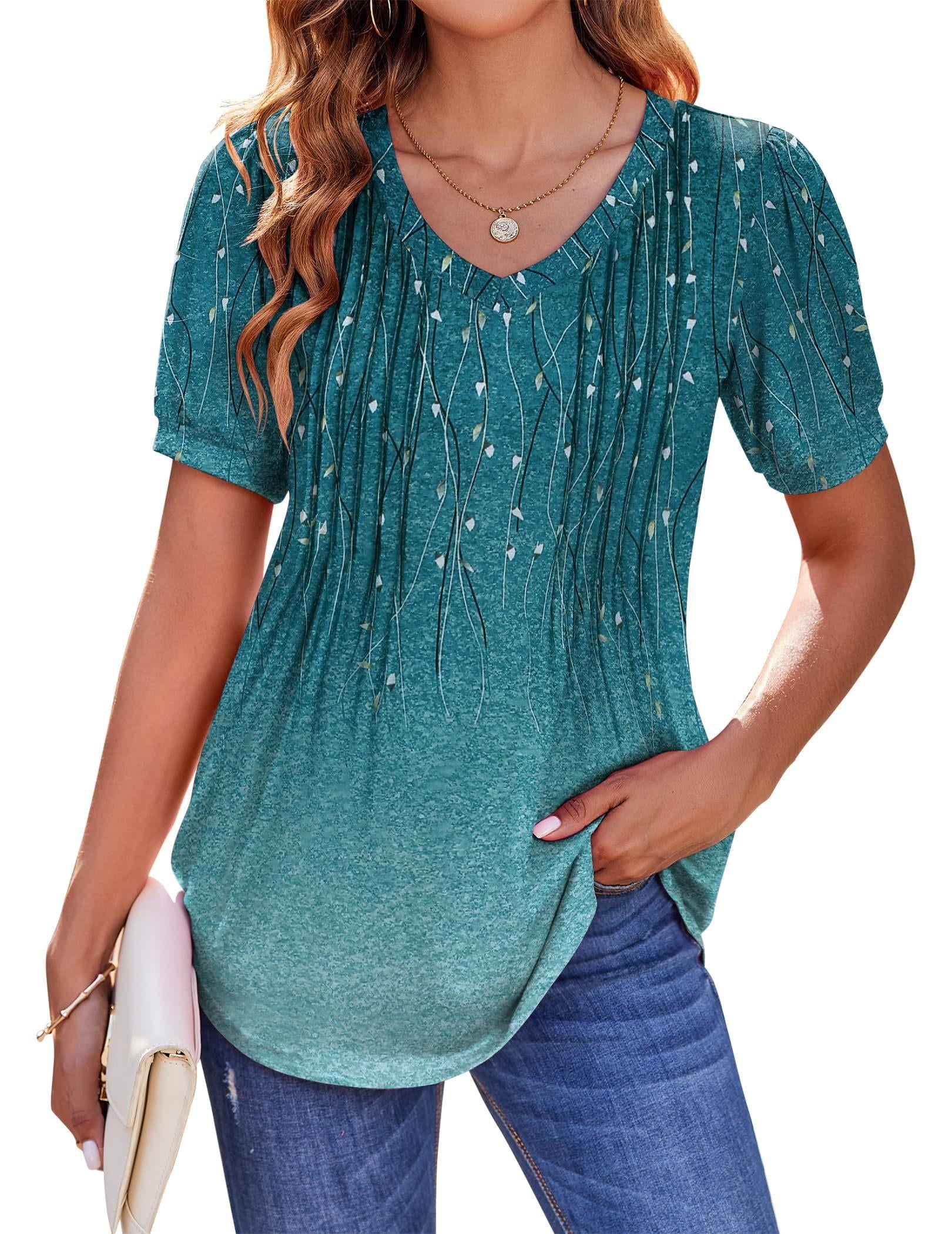 Zeagoo Women's Puff Short Sleeve Tunic Tops Pleated Floral Print V Neck ...