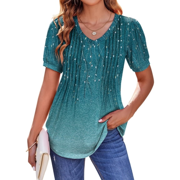Zeagoo Women's Puff Short Sleeve Tunic Tops Pleated Floral Print V Neck Blouses Dressy Casual Loose Summer T-Shirts
