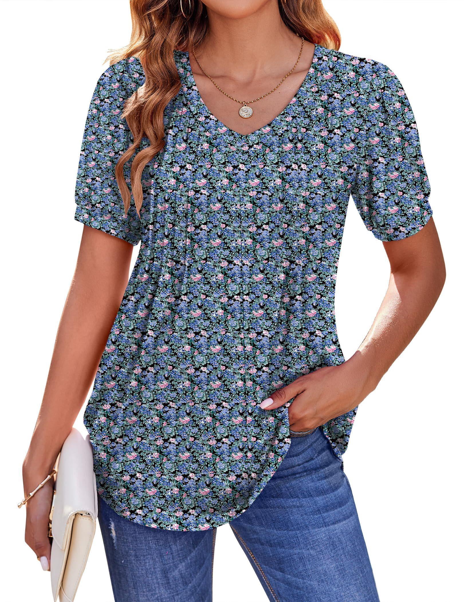 Zeagoo Women's Puff Short Sleeve Tunic Tops Pleated Floral Print V Neck ...