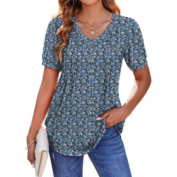 Zeagoo Women's Puff Short Sleeve Tunic Tops Pleated Floral Print V Neck Blouses Dressy Casual Loose Summer T-Shirts
