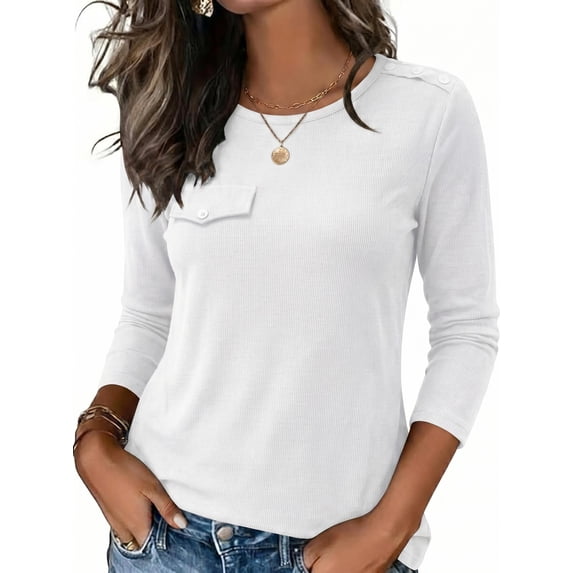 Zeagoo Women's Ribbed Knit Tops Long Sleeve Crew Neck Tees Decorative Pocket Button Shoulder Casual Basic Tee Shirts