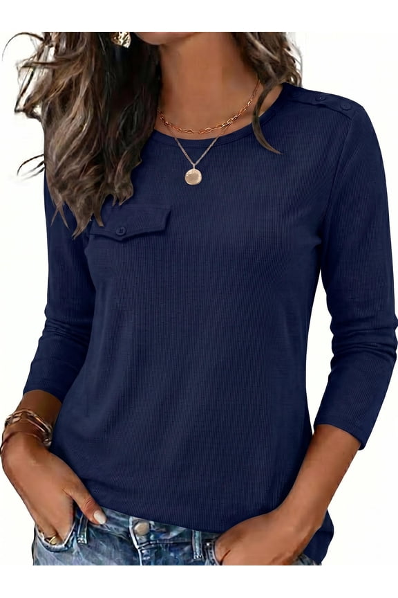 Women's Ribbed Knit Tops Long Sleeve Crew Neck Tees Decorative Pocket Button Shoulder Casual Basic Tee Shirts