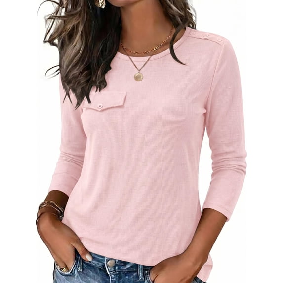 Zeagoo Women's Ribbed Knit Tops Long Sleeve Crew Neck Tees Decorative Pocket Button Shoulder Casual Basic Tee Shirts