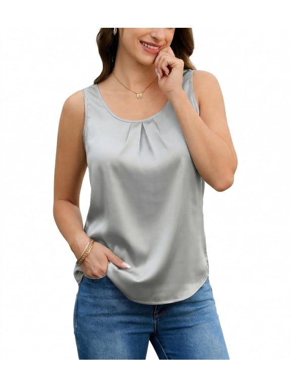 Women's Satin Sleeveless Crew Neck Camisole Tank Top Soft Lightweight Casual Dressy Blouse for Summer Daily Wear