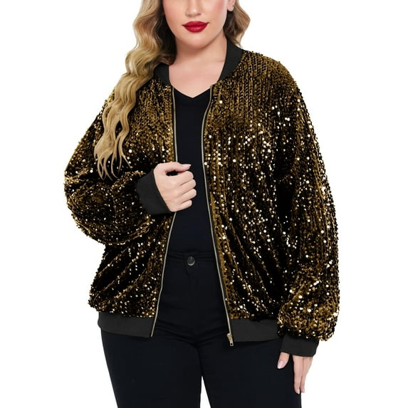 Zeagoo Women's Sequin Jacket Plus Size Sparkle Long Sleeve Jackets Front Zip Loose Casual Blazer Bomber Jacket with Pockets