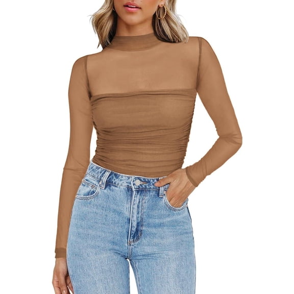 Zeagoo Women's Sexy Sheer Mesh Long Sleeve Tops Mock Turtle Neck Ruched Trendy Going Out Shirts Blouse