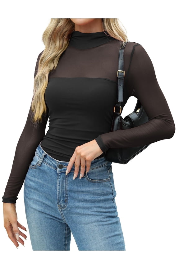 Women's Sexy Sheer Mesh Long Sleeve Tops Mock Turtle Neck Ruched Trendy Going Out Shirts Blouse