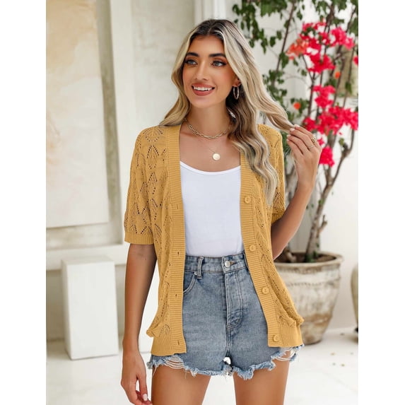 Zeagoo Women's Short Sleeve 2025 Summer Crochet Cropped Cardigan V Neck Button up Bolero Shrug Sweater